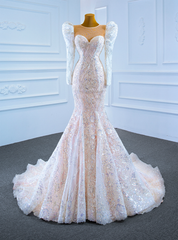 Champagne Mermaid Sequins Long Sleeve Wedding Dresses