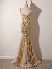 Champagne Mermaid Sequins Straps Evening Dress, Champagne Sequins Prom Dress