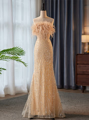 Champagne Mermaid Strapless Sequins Feather Prom Dress