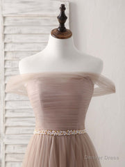 Champagne Off Shoulder Tulle Long Prom Dress, Champagne Evening Dress