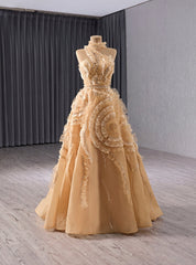 Champagne One Shouder Tulle Prom Dresses