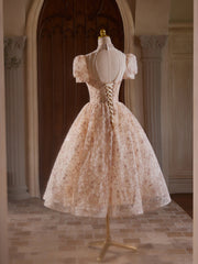 Champagne Pink Tulle Lace Tea Length Prom Dresses with Beads