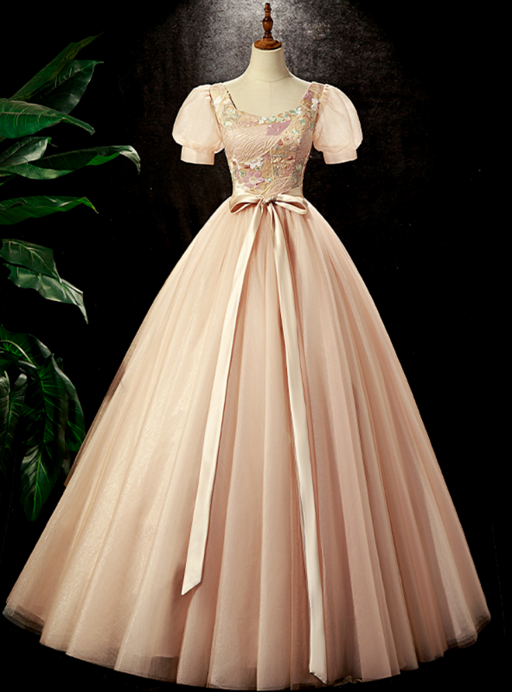 Champagne Pink Tulle Puff Sleeve Quinceanera Dress