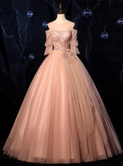 Champagne Pink Tulle Short Sleeve Appliques Beading Quinceanera Dresses