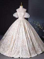 Champagne Puff Sleeve Embroidery Quinceanera Dresses