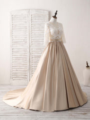 Champagne Round Neck Satin Lace Long Prom Dresses, Evening Dresses