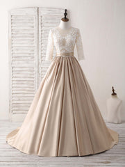 Champagne Round Neck Satin Lace Long Prom Dresses, Evening Dresses