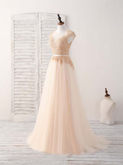 Champagne Round Neck Tulle Lace Applique Long Prom Dresses