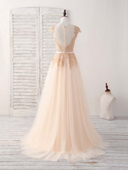 Champagne Round Neck Tulle Lace Applique Long Prom Dresses