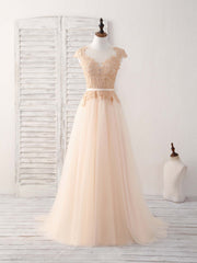 Champagne Round Neck Tulle Lace Applique Long Prom Dresses