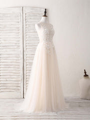 Champagne Round Neck Tulle Lace Applique Long Prom Dresses