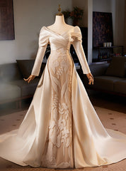 Champagne Satin Long Sleeve Wedding Dresses