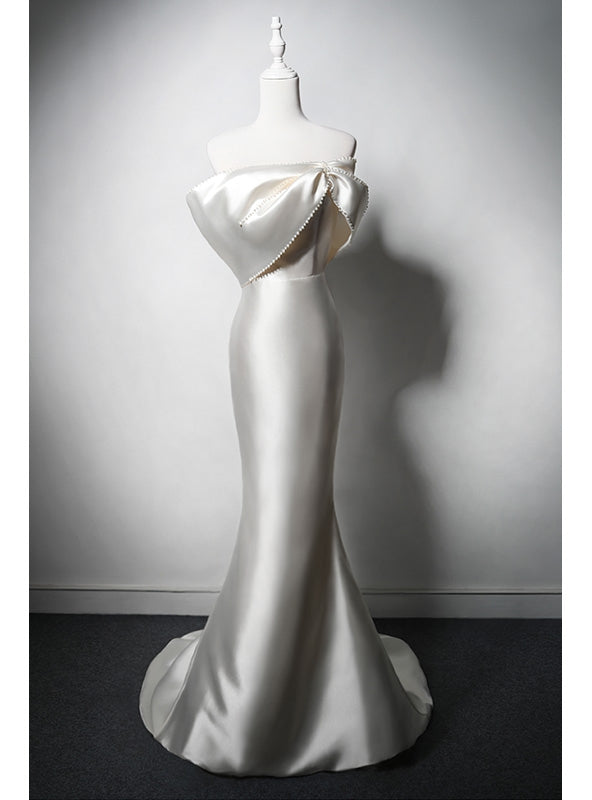 Champagne Satin Mermaid Pearls Wedding Dress