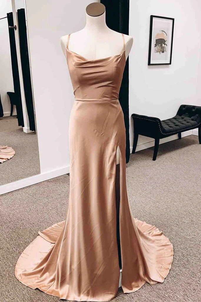 Champagne Satin Mermaid Spaghetti Straps Prom Dress