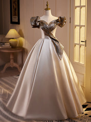 Champagne Satin Off the Shoulder Puff Sleeve Prom Dress