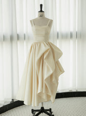 Champagne Satin Straps Tea Length Wedding Dresses