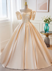 Champagne Satin Sweetheart Puff Sleeve Wedding Dress