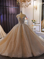 Champagne Sequins Beading Open Back Wedding Dresses