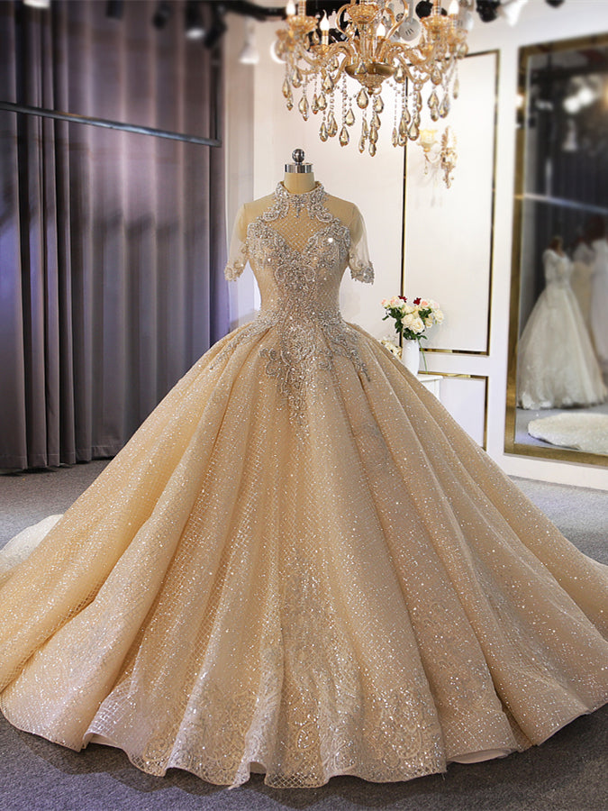 Champagne Sequins Beading Short Sleeve Wedding Dress