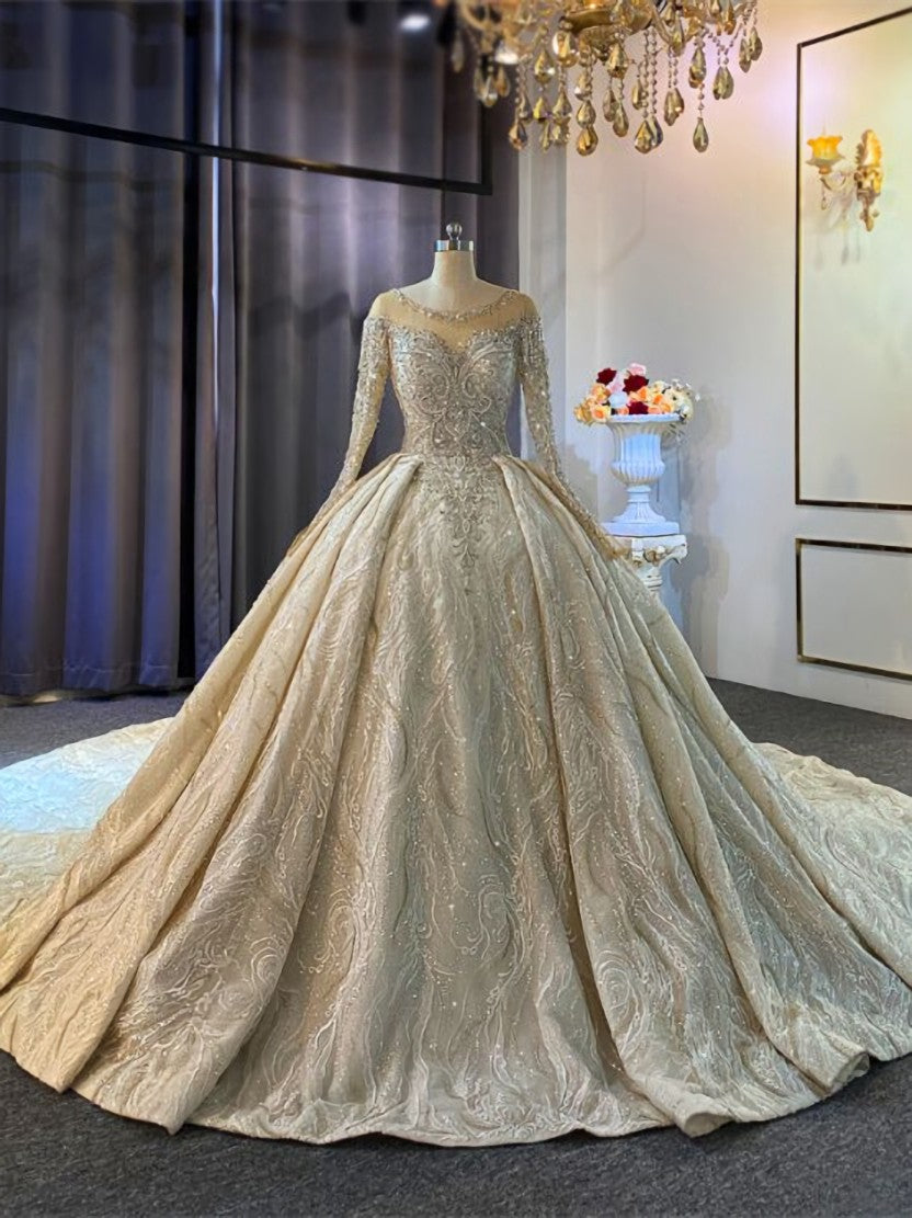 Champagne Sequins Beading Wedding Dress With Long Train