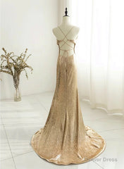 Champagne Sequins Long Prom Dress, Sequins Champagne Formal Dress