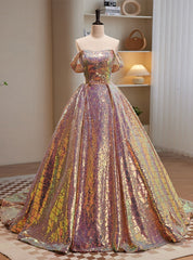 Champagne Sequins Strapless Prom Dresses With Train