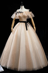 Champagne Shiny Tulle Floor Length Prom Dresses, Off the Shoulder Evening Dresses