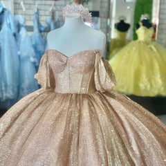 Champagne Sparkle Ball Gown Off-the-Shoulder Short Sleeves Quinceanera Dresses