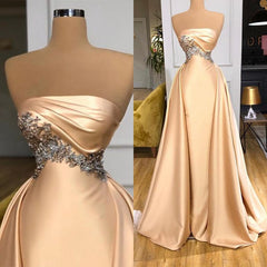 Champagne Strapless Overskirt Prom Dresses Long With Crystals