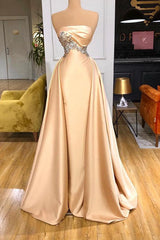 Champagne Strapless Overskirt Prom Dresses Long With Crystals