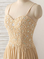 Champagne Sweetheart Neck Beads Long Prom Dresses Evening Dresses