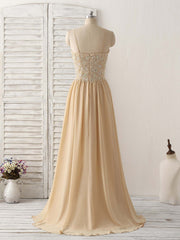 Champagne Sweetheart Neck Beads Long Prom Dresses Evening Dresses