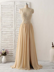 Champagne Sweetheart Neck Beads Long Prom Dresses Evening Dresses