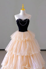 Champagne Sweetheart Tulle Layers Long Party Dresses, Strapless A-Line Prom Dresses