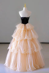 Champagne Sweetheart Tulle Layers Long Party Dresses, Strapless A-Line Prom Dresses