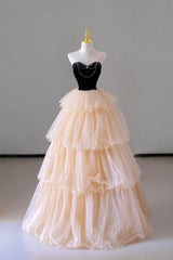 Champagne Sweetheart Tulle Layers Long Party Dresses, Strapless A-Line Prom Dresses