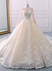 Champagne Tulle Appliques Long Sleeve Beading Wedding Dresses