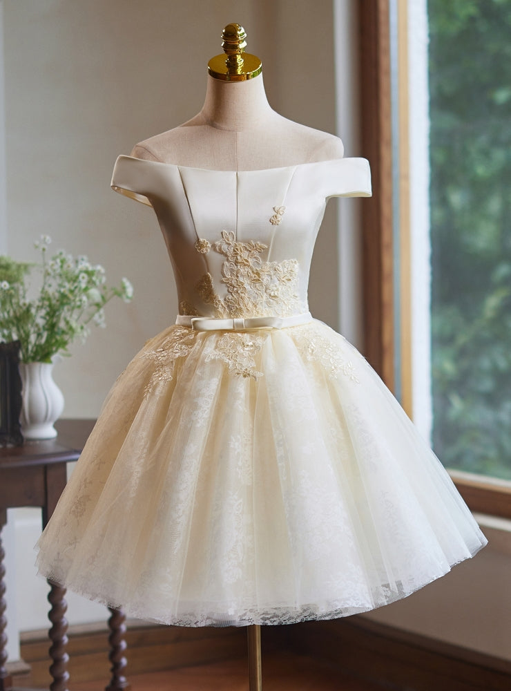 Champagne Tulle Appliques Off the Shoulder Homecoming Dress