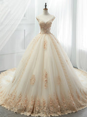 Champagne Tulle Ball Gown Off The Shoulder Appliques Wedding Dress