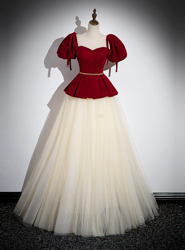 Champagne Tulle Burgundy Velvet Puff Sleeve Beading Prom Dress