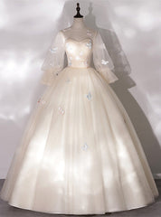 Champagne Tulle Butterfly Appliques Bell Sleeve Quinceanera Dresses