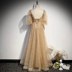 Champagne Tulle Chich Long Puffy Sleeves Party Dresses Formal Dresses, A-line Tulle Prom Dresses