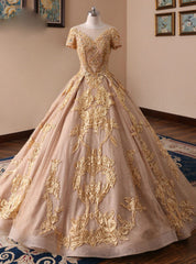 Champagne Tulle Gold Lace Appliques Beaded Sequins Wedding Dresses