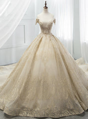 Champagne Tulle Gold Lace Appliques Off The Shoulder Wedding Dresses