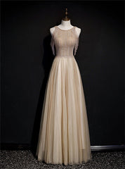 Champagne Tulle Hand Work Beading Long Prom Dresses