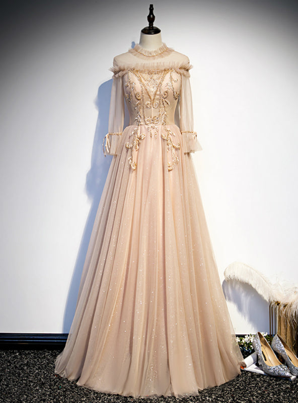 Champagne Tulle High Neck Long Sleeve Beading Prom Dress