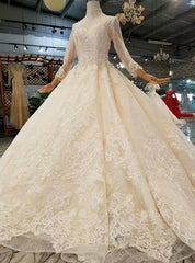 Champagne Tulle Lace Appliques High Neck Long Sleeve Beading Luxury Wedding Dresses