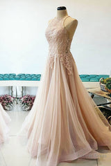 Champagne tulle lace long prom dress, champagne tulle evening dress