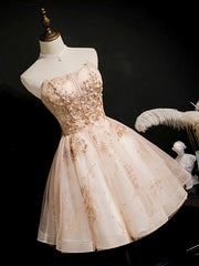 Champagne Tulle Lace Short Prom Dresses, Puffy Champagne Homecoming Dresses