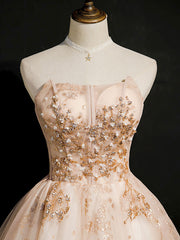 Champagne Tulle Lace Short Prom Dresses, Puffy Champagne Homecoming Dresses